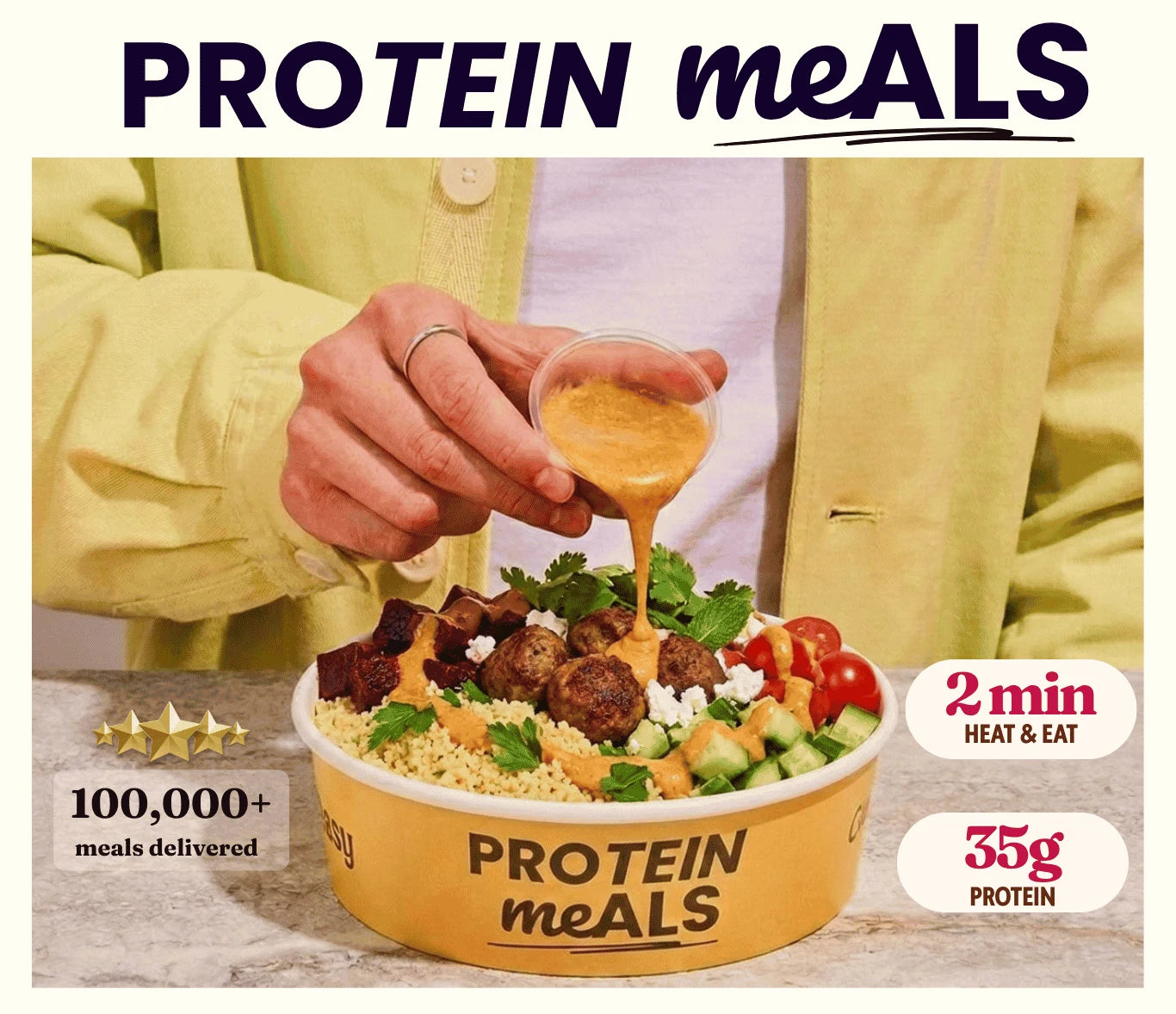 Sauce poured over a Protein Meals bowl
